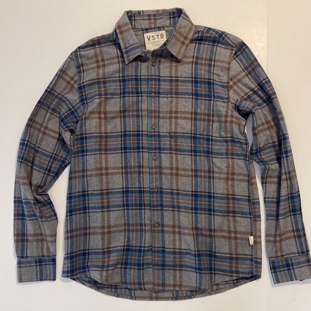 VSTR Premium | Gray Blue Brown Plaid Flannel Button Shirt size M